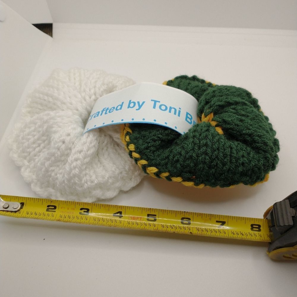 Hand Crafted Knit Scrunchies Green Yellow Jumbo Hair Band Accessory Set of 2